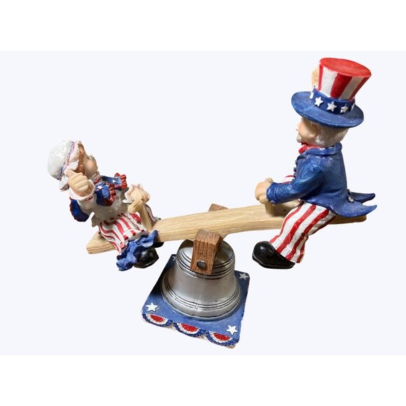 Patriotic Uncle Sam and Lady Liberty Seesaw Figurine On Liberty Bell Base - Picture 6 of 16